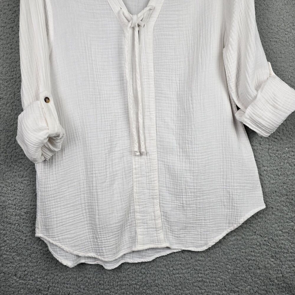 Side Stitch LA Cover Up Women M White Cotton Roll Tab Sleeves Lace Up V-Neck - Picture 6 of 12